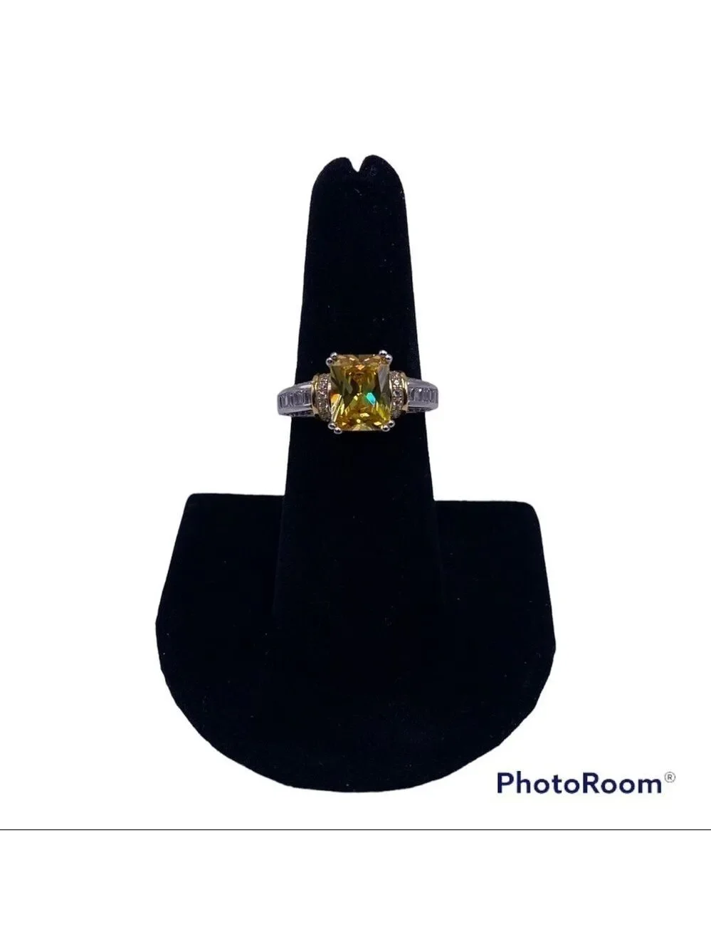 Sterling Silver Two Tone Gold Plated Emerald Cut Yellow CZ Ring - Size 7, NWT